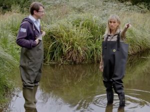 Chris Gardner and Michaela Strachan on the Hogsmill, for the Channel 5 Documentary Swimming in Sewage. Turquoise TV