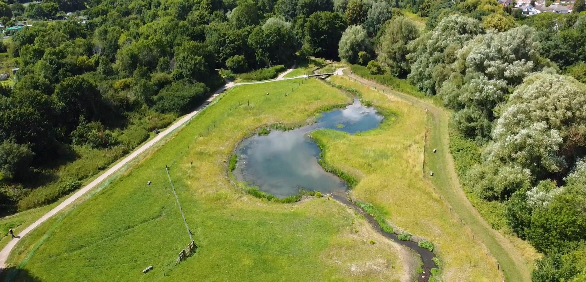 An aerial shot of the Chamber Mead wetlands on the Hogsmill river.
