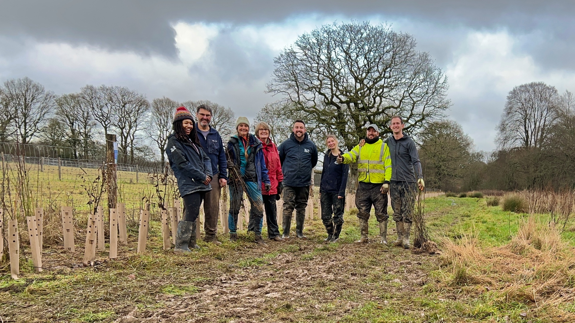 A group of people standing in a field with newly planted trees in the background.