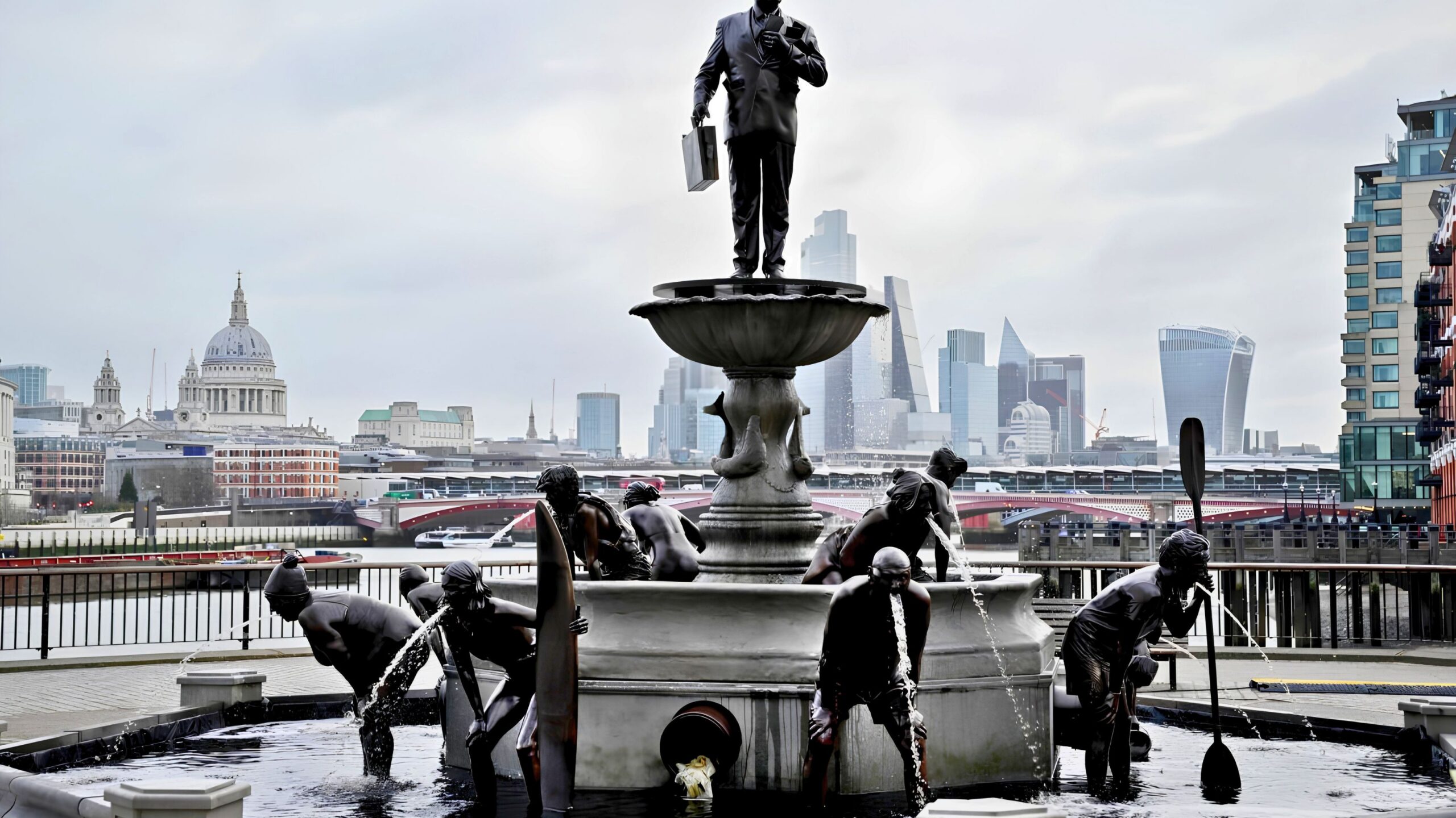 A bronze fountain sculpture of a man standing at the top wearing a suit and holding a brief case with people below him bending over vomiting.