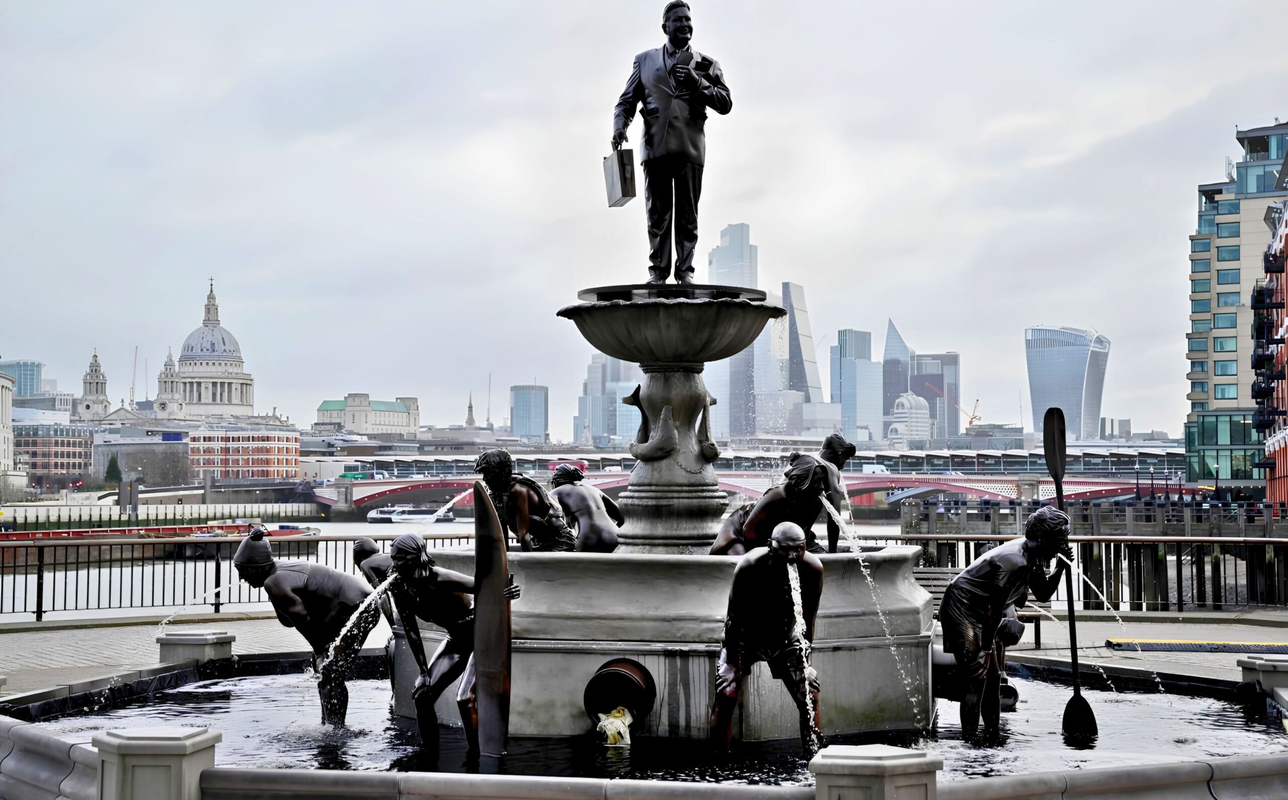 A bronze fountain sculpture of a man standing at the top wearing a suit and holding a brief case with people below him bending over vomiting.