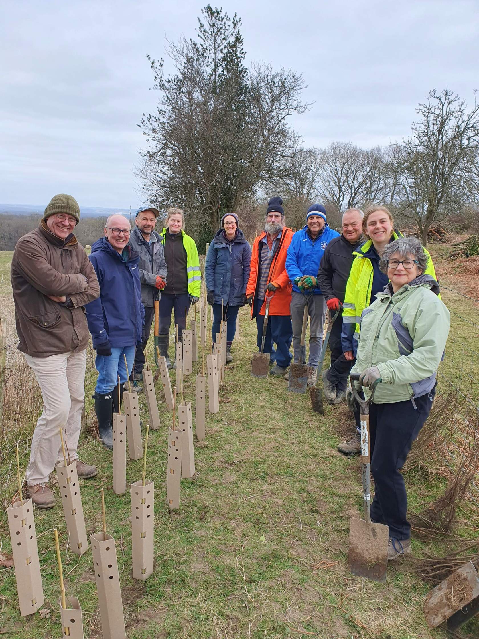 A group of people standing next to newly planted trees.