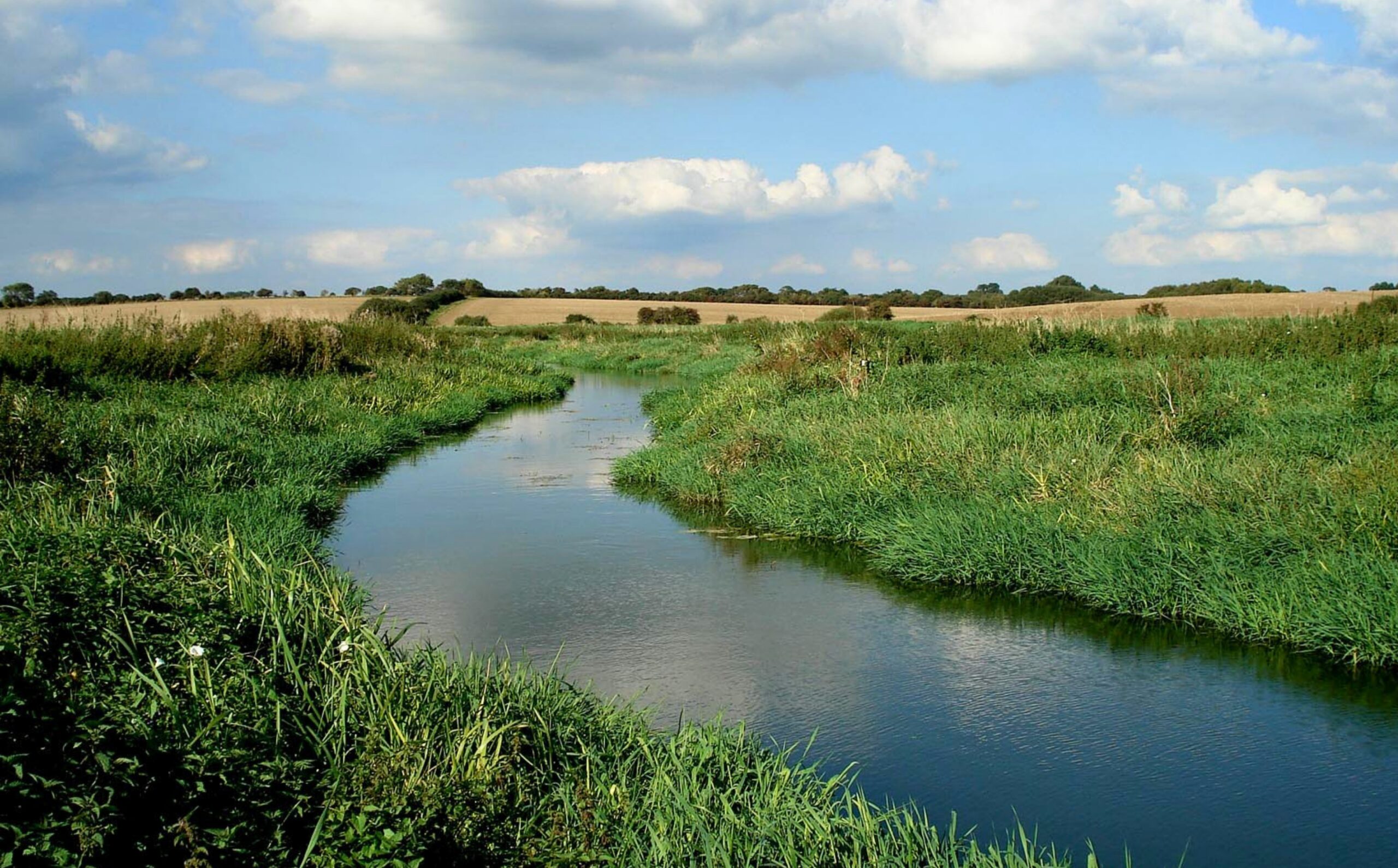 A view of a winding river through green fields.