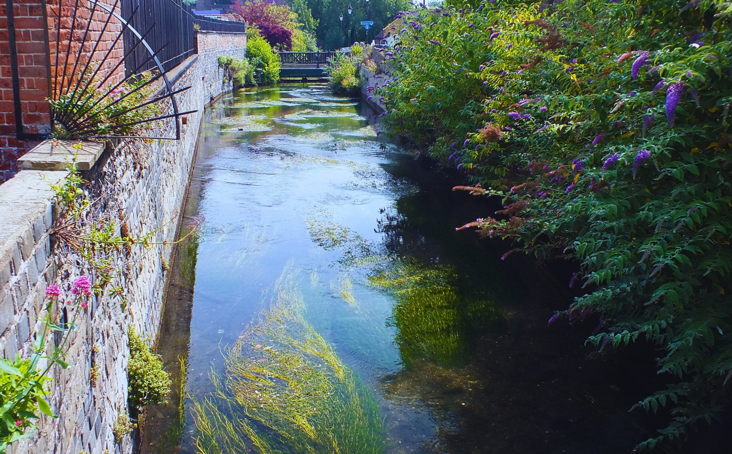 A view of a river flowing through a town with a brick wall one side and high rise buildings in the distance.