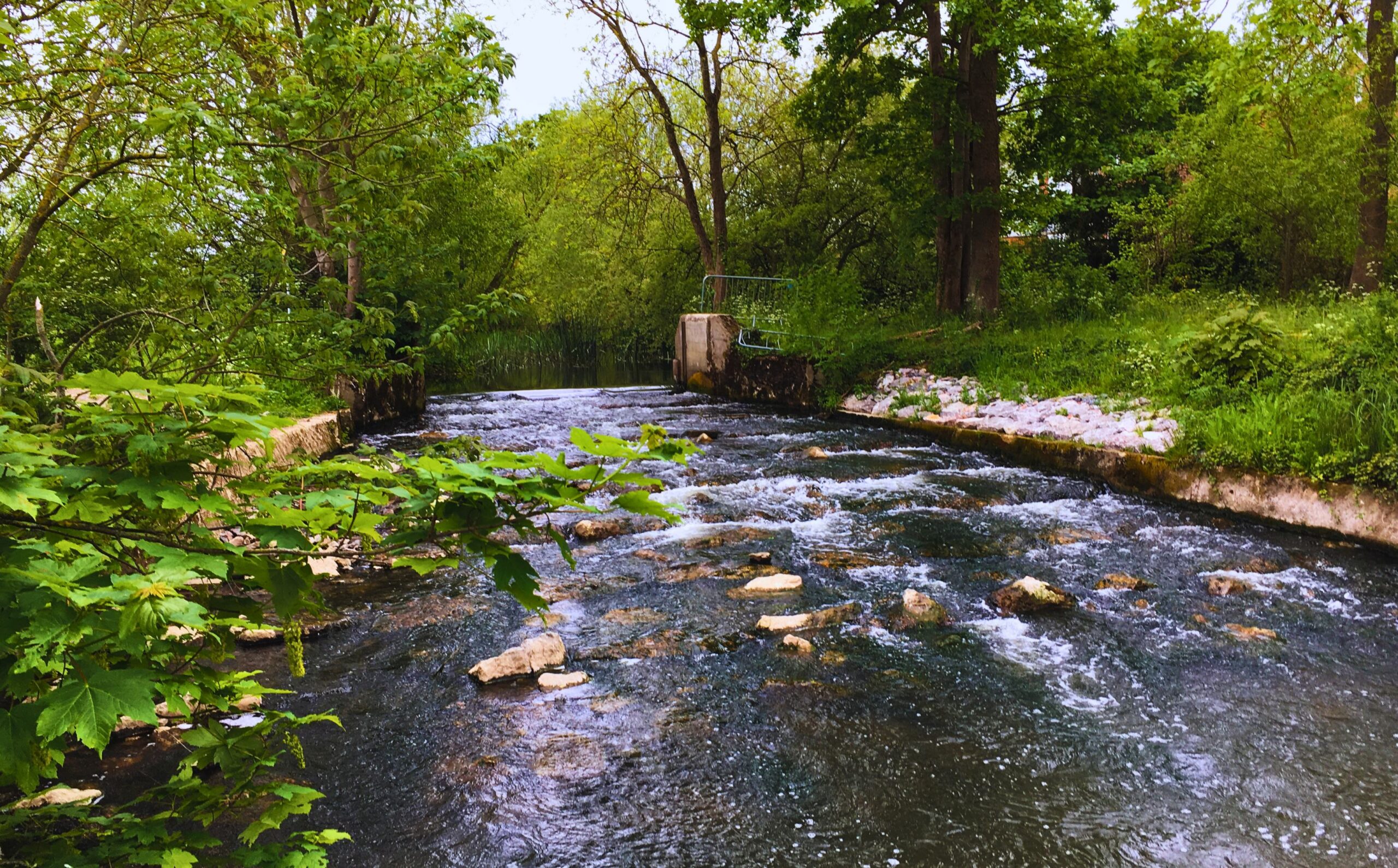 Water flowing over rocks with a weir in the background.