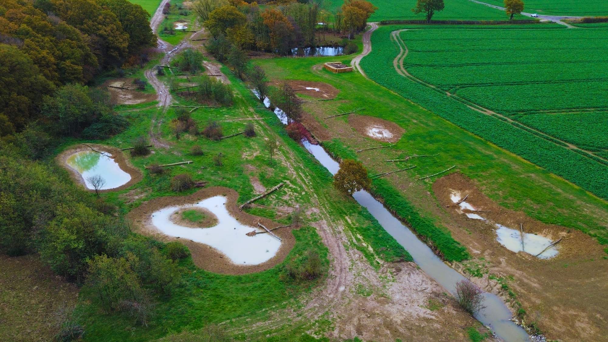 An aerial view of ponds, scrapes and farmland.